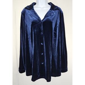 Agnes Orinda Women's Dark Blue Velour Long-Sleeve Button-Up Blouse Size 1X - NWT